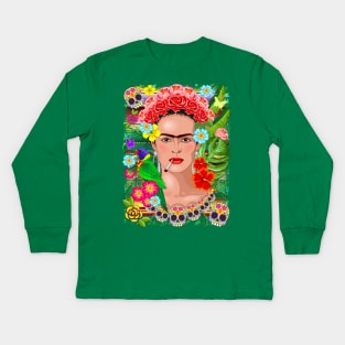 Frida Kahlo Floral Exotic Portrait Kids Long Sleeve T-Shirt